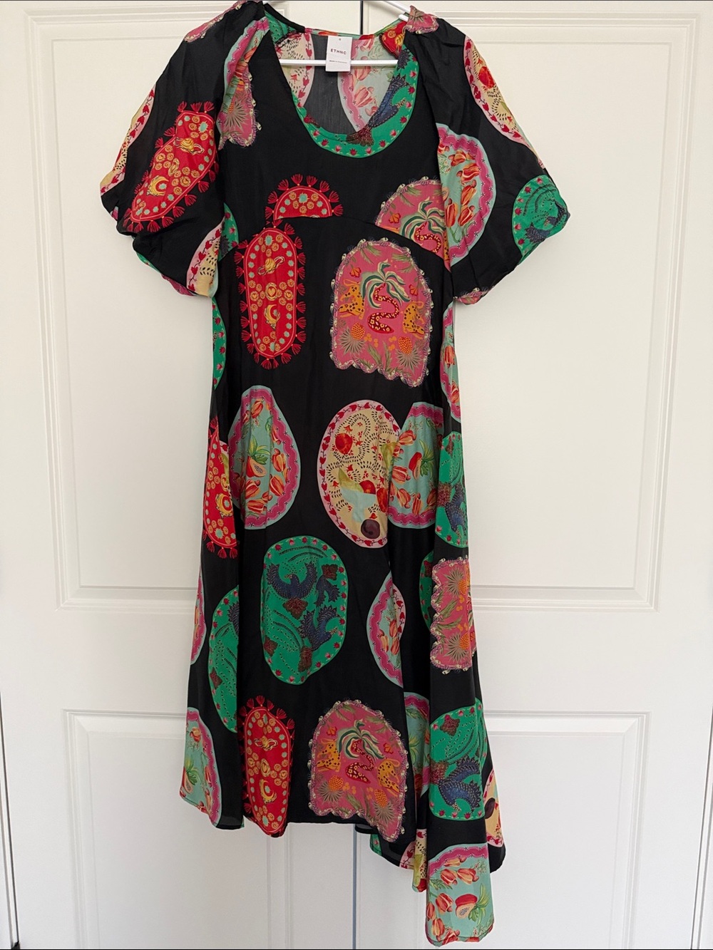 NWOT ETHNC Black Midi Dress with Bold Red & Green Paisley Medallions